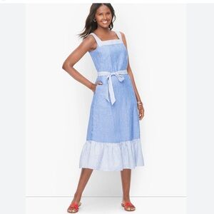 Talbots Stripe Tie Waist Linen Midi Dress